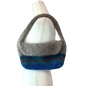 Handmade Felted Wool Bag Gray Blue Stripe Winter Lightweight Handbag